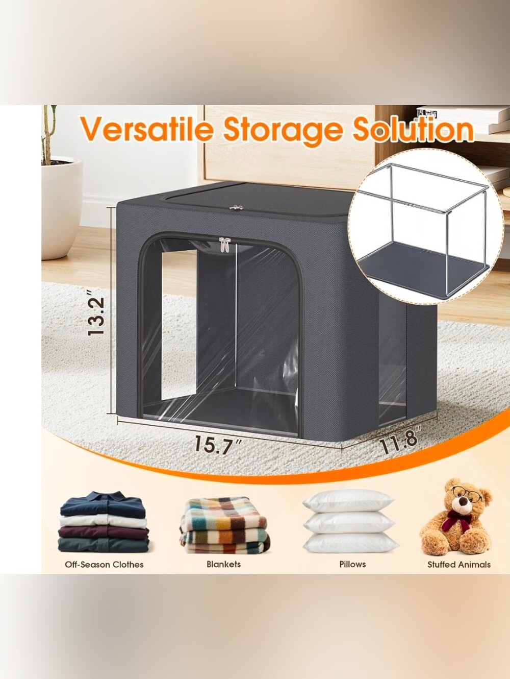Foldable Fabric Storage Bin with Metal Frame & Clear Window - Gray BNIB